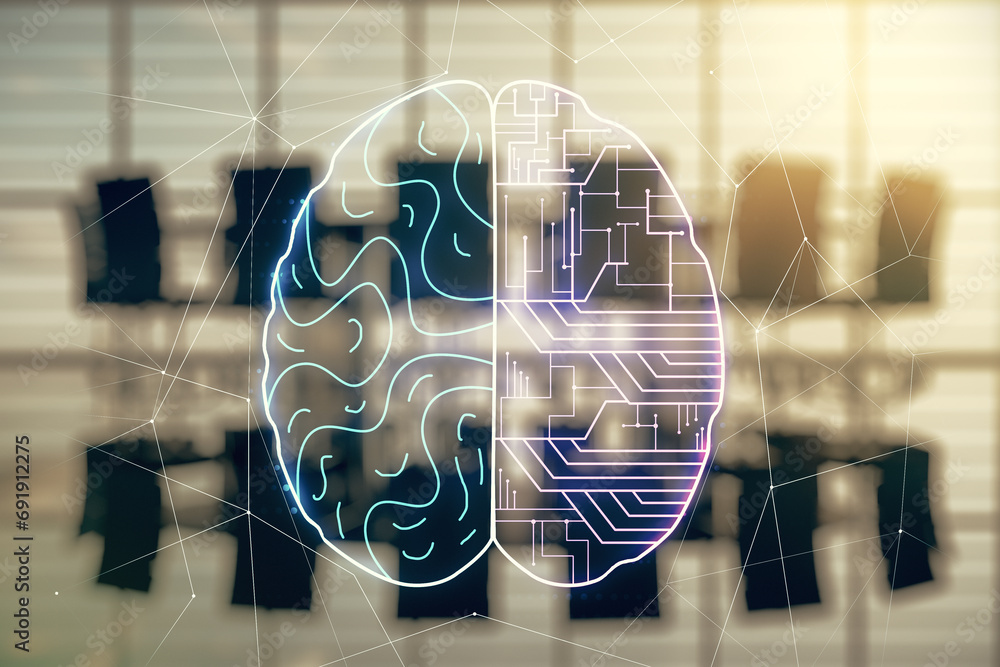 Aufkleber double exposure of creative artificial intelligence interface on a modern meeting room background. n