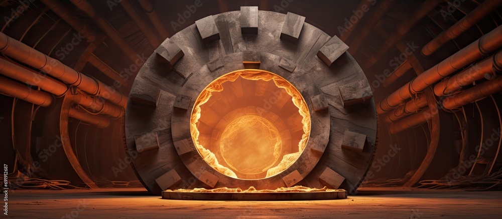 Poster combustion chamber of rotary furnace for roasting limestone. copy space image. place for adding text