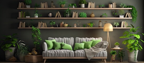 Botanical living room with grey sofa green pillows and bookcase. Copy space image. Place for adding text