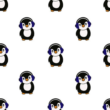 seamless pattern with penguins in headphones 