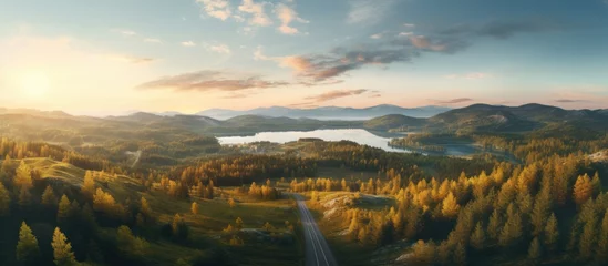 Türaufkleber Aerial view of mountain road in forest at sunset in autumn Top view from drone of road in woods Beautiful landscape with roadway in hills pine trees green meadows golden sunlight in fall Travel © Ilgun