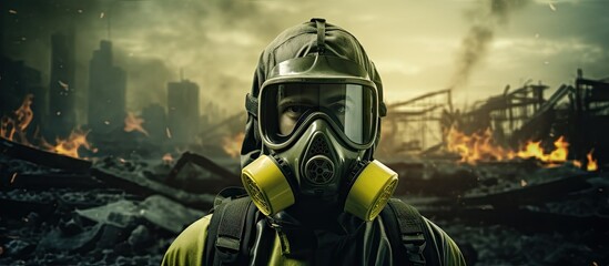 Chemical leak and safety first concept Man wearing a Toxic protective mask in factory Biohazard Engineer man with gas mask with danger chemical in construction or factory or garbage industry ar