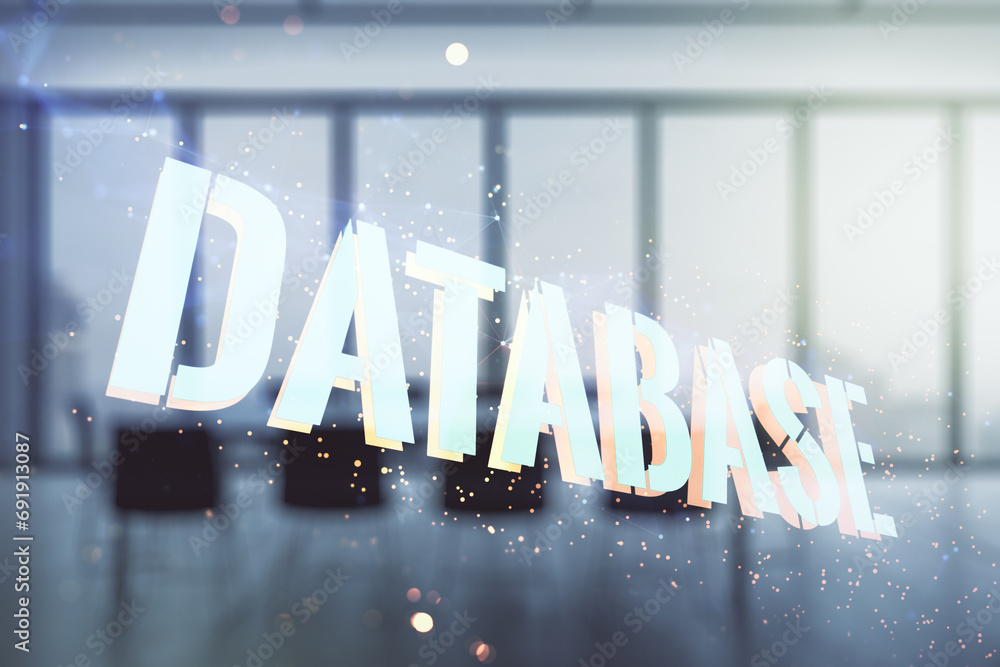 Poster double exposure of creative database word hologram on a modern meeting room background, research and
