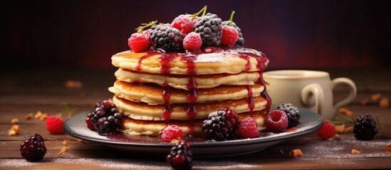 Breakfast healthy oatmeal pancakes topped with berry fruit blueberry strawberry jam. Copy space image. Place for adding text
