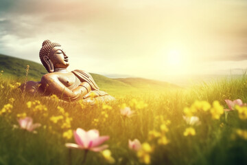 Buddha Statue in der Landschaft liegend auf einer Wiese