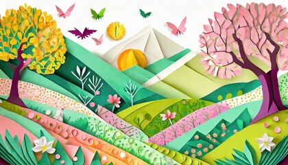 Vibrant spring season papercut card background 