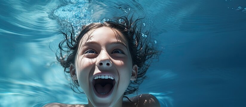 A tween girl in a swimming pool covers her mouth with her hand She is embarrassed to have her crooked teeth show in pictures She looks a bit surprised or scared. Copy space image