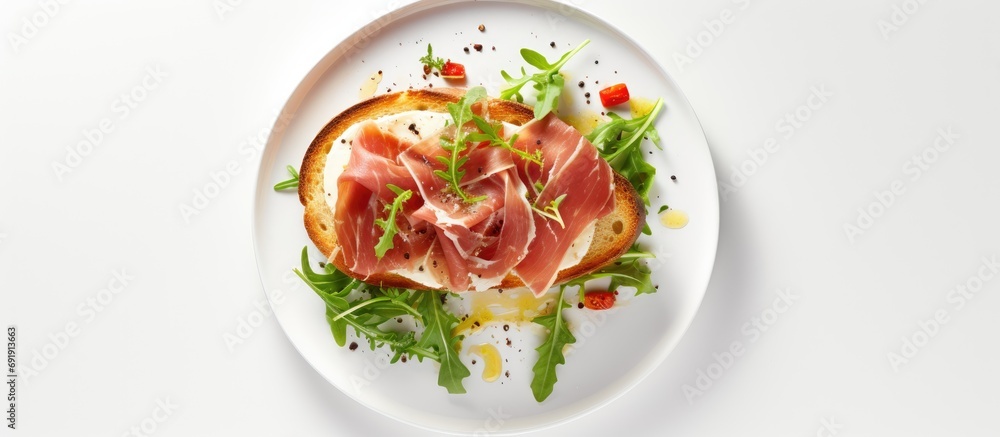 Aufkleber breakfast or brunch open sandwich with prosciutto or jamon on white plate mediterranean appetizer to