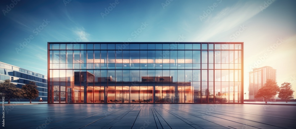 Poster commercial building with generic architecture in the city hub. copy space image. place for adding te