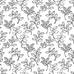 Vector hand drawn sketch doodle line branches leaves seamless pattern. Black and white texture print. Template for textile, fashion, print, surface design, fabric, interior decor, wallpaper
