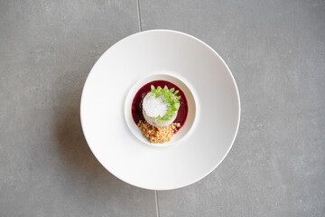 luxury chef signature western fine dining cuisine art baked caramel cake with ice cream and chocolate nuts platter