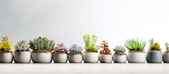 Close up of tiny succulents in DIY concrete pots in scandinavian style home. Copy space image. Place for adding text
