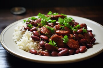 Red Beans and Rice, a soulful Southern dish, pairs slow-cooked kidney beans simmered with vegetables, spices, and pork, served over a bed of fluffy rice.
