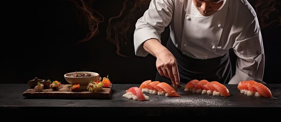 Closeup of chef hands preparing japanese food Japanese chef making sushi at restaurant Young chef serving traditional japanese sushi served on a black stone plate. Copy space image