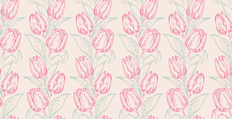 Vector hand drawn sketch silhouettes flowers tulips seamless pattern. Botanical illustration. Simple light floral print. Template for design, textile, fashion, surface design, fabric, wallpaper