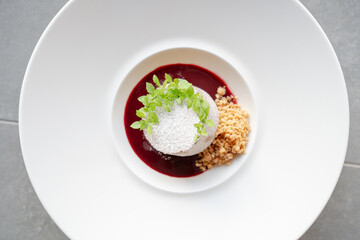 luxury chef signature western fine dining cuisine art baked caramel cake with ice cream and...