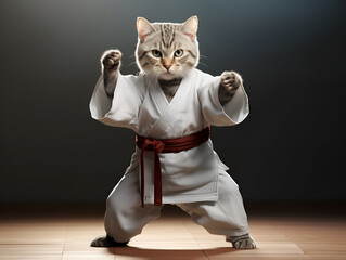 Karate-clad cat strikes a pose, embodying grace and strength. A captivating blend of adorable softness and martial prowess. - obrazy, fototapety, plakaty