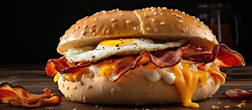 breakfast egg and bacon sandwich on bagel with cheese. Copy space image. Place for adding text
