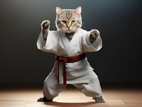 Karate-clad cat strikes a pose, embodying grace and strength. A captivating blend of adorable softness and martial prowess.