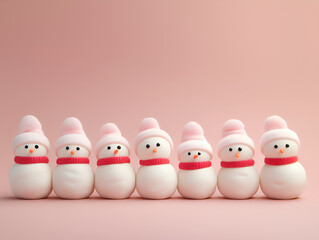 Happy marshmallow snowmen and Christmas winter holiday decorations