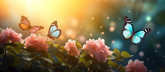 Poster Colorful butterflies floating on red misty yellow flowers look very beautiful green nature around open sky shining sun around. Copy space image. Place for adding text © Ilgun