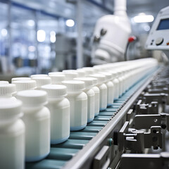 White pill bottles moving on a conveyor belt