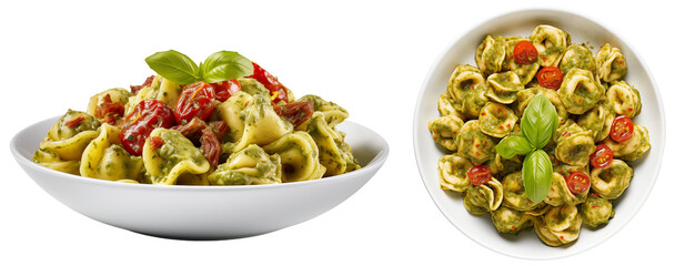Tortellini pasta with pesto and sun-dried tomatoes isolated on a white background, top and side view, italian food bundle - obrazy, fototapety, plakaty