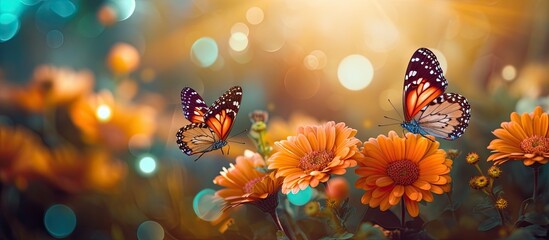 Colorful butterflies floating on red misty yellow flowers look very beautiful green nature around...