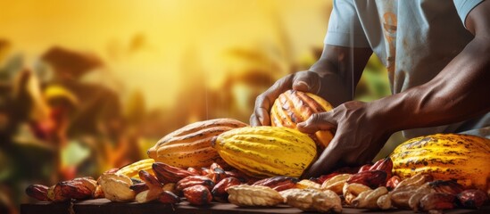 Close up hands of a cocoa farmer use pruning shears to cut the cocoa pods or fruit ripe yellow cacao from the cacao tree Harvest the agricultural cocoa business produces. Copy space image - obrazy, fototapety, plakaty