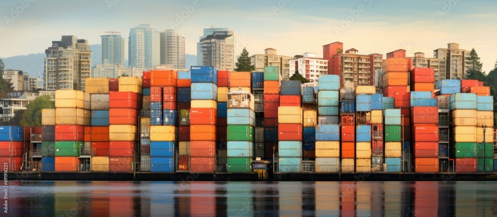 Poster container shipping burrard inlet vancouver. copy space image. place for adding text
