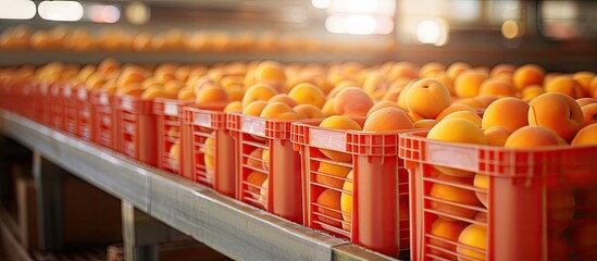Closeup of stacks of plastic fruit boxes with fresh ripe peaches in storage warehouse. Copy space...