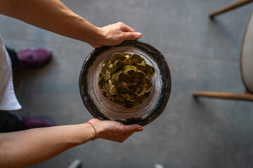 Hearty dinner on the  plate at table