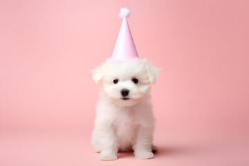 Happy cute dog puppy wearing a party hat celebrating at a birthday party on pink background