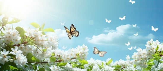 Colorful beautiful butterflies are floating on the white flowers of the green trees it looks very beautiful green nature around open sky shining sun around. Copy space image. Place for adding text - obrazy, fototapety, plakaty