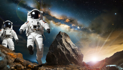Two astronauts in space suit walking on the rocky surface of a exoplanet, on background the cosmos...