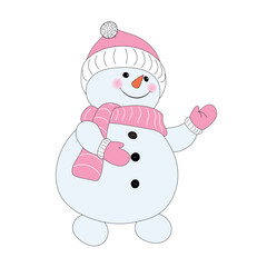 Hand drawn flat happy snowman in pink clothes isolated on transparent background. Vector illustration
