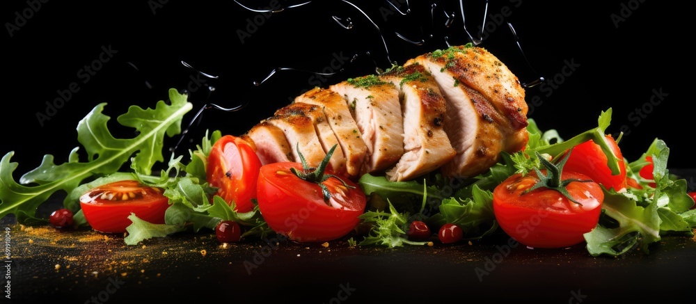 Aufkleber chicken breast with fresh salad arugula and tomato. copy space image. place for adding text
