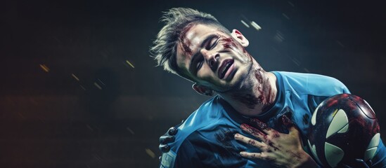 A young soccer player with a head injury recieves medical attention. Copy space image. Place for adding text