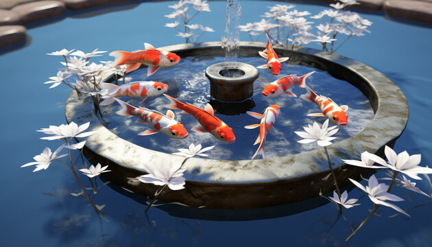 Design a 3D model of a serene koi fish pond, complete with water ripples, aquatic plants, and realistic koi fish swimming gracefully. This can be a decorative piece