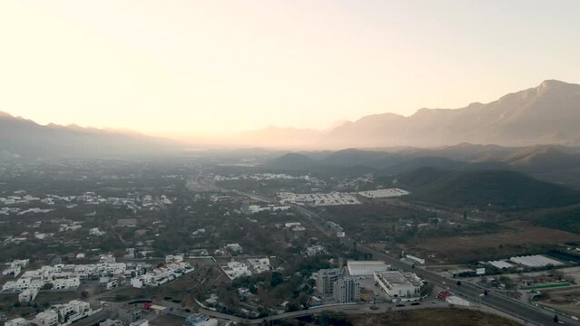 Wide drone shot of the downtown sector of Monterrey, Mexico.