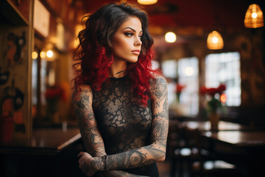 Beautiful stylish woman with a tattoo on her body standing in a cafe and looking away