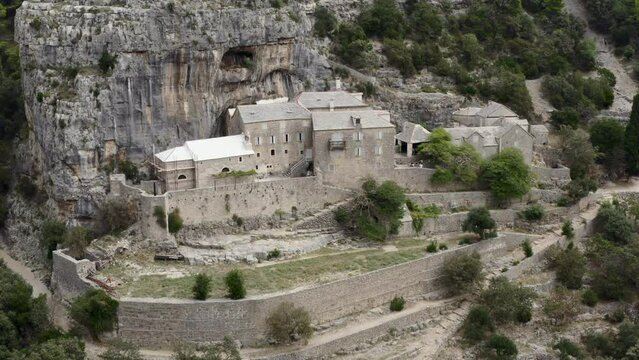 Ancient Desert Stone Hermitage Blaca Or Blaca Monastery, Island Brac, Split-Dalmatia County, Croatia. Aerial Shot