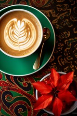 Christmas cup of coffee with latte art on a festive set table, maximalist, flat lay, luxury, red,...
