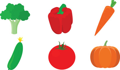 Illustration of vegetables.  Broccoli, pepper, carrot, cucumber, tomato, zucchini.