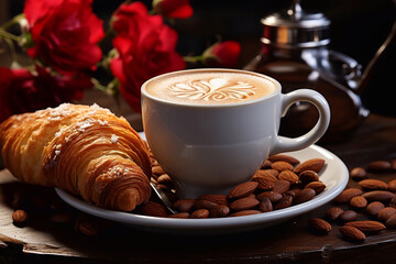 Cup of aromatic coffee with almond croissant on a tray.