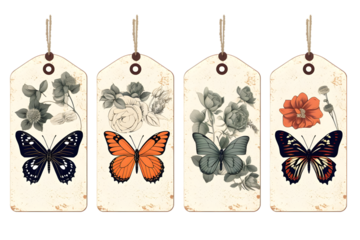 retro tags butterflies isolated on white background. Generative AI.