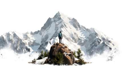 Rocky Mountain Peak with man Standing isolated on white background. Generative AI.