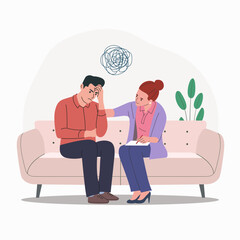 Sad man sitting with his head in his hands.Psychological support. Doldrums concept. Vector flat cartoon  illustration