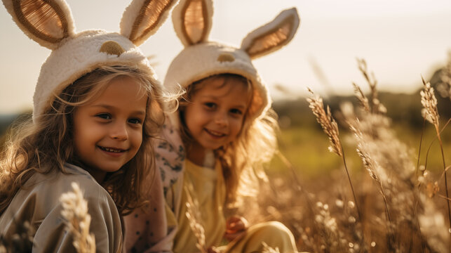 candid little girls in bunny suits portrait. isolated on pink background