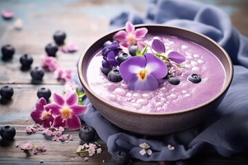 Obraz na płótnie Canvas Healthy blueberry smoothie bowl adorned with edible flowers on a rustic wooden table. Breakfast concept with fresh berries. Springtime elegance. Perfect for culinary poster, banner, or backdrop